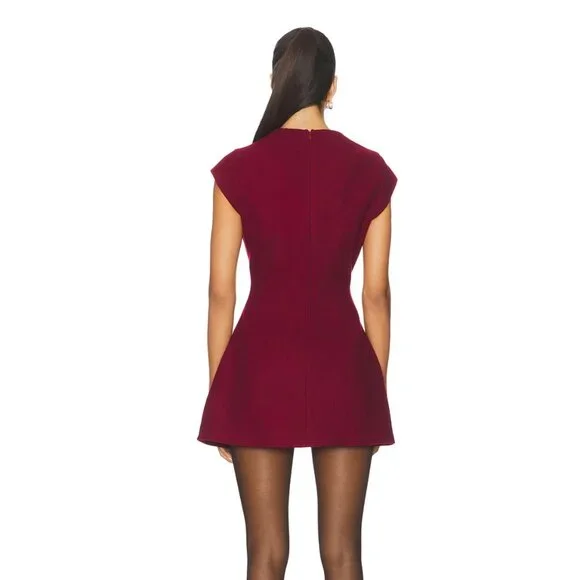 NEW Line & Dot Noelia Mini Dress Bordeaux Dark Maroon Red Wool Cap Sleeve Flare - Picture 3 of 3